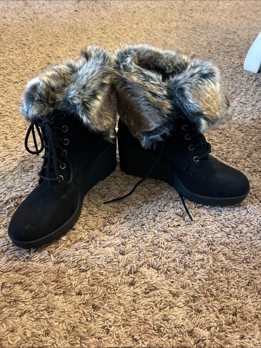 Rocket Dog Black Lace-Up Wedge Boots with Faux Fur Cuff